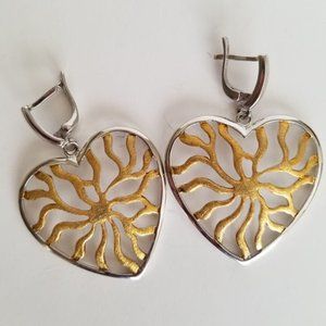 925 Sterling Silver 18K Yellow Large Web Heart Non Tarnish English Lock Earrings
